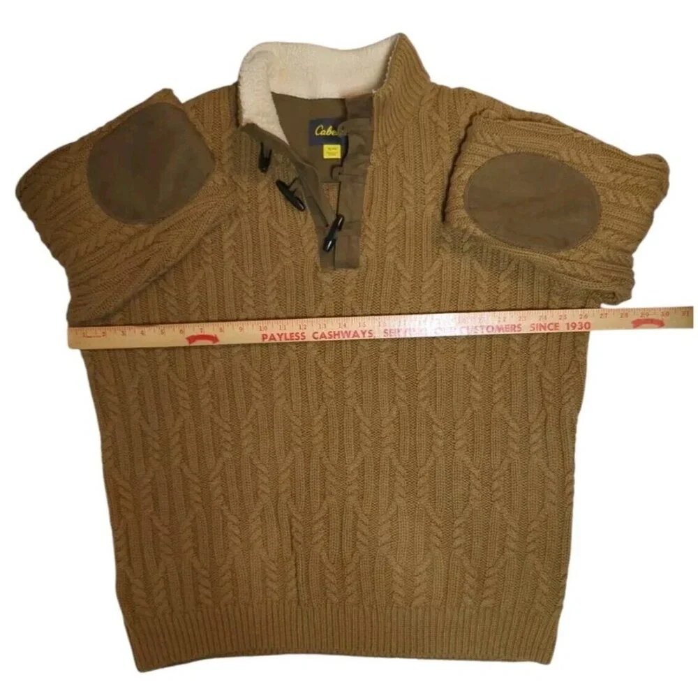 Cabela's Mens‎ XL Cable Fisherman Knit Sweater Toggle Buttons Elbow Patchs Heavy